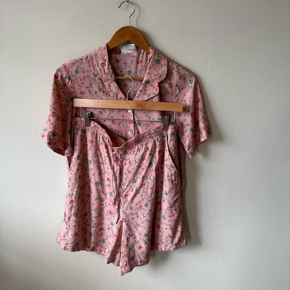 Vintage Pink Floral Top & Drawstring Shorts Set
